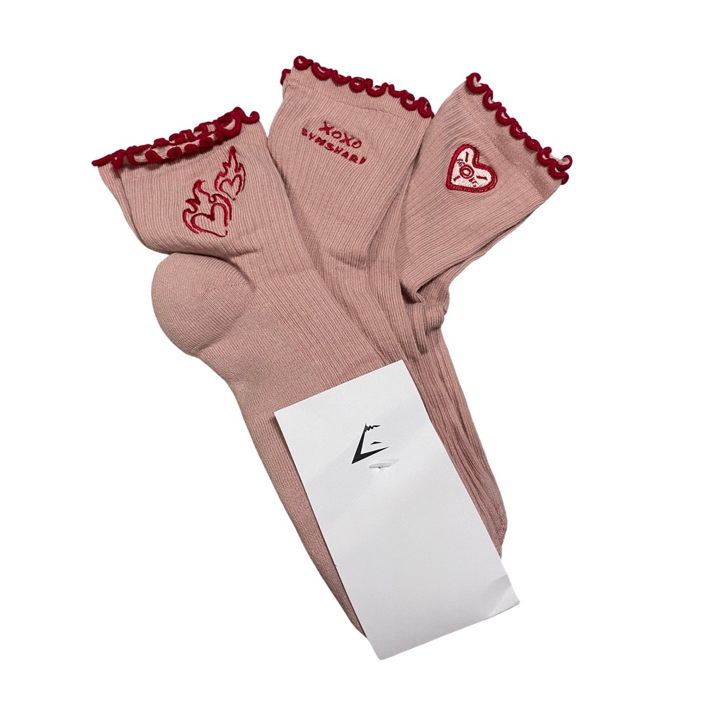 Gymshark Womens Frill Midi Socks 3 Pack Pink Red Heart Embroidery Size Large L